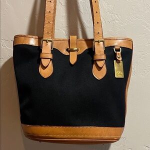 Vintage Dooney and Bourke Cabriolet Black Canvas Vachetta Leather Bucket Bag